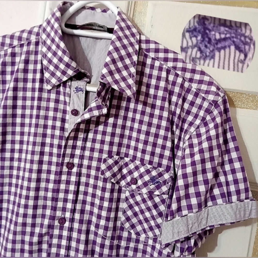 PRESIDENT STONE💥Plaid Purple & White Buttons Down Short Sleeve Men's Shirt Sz:S